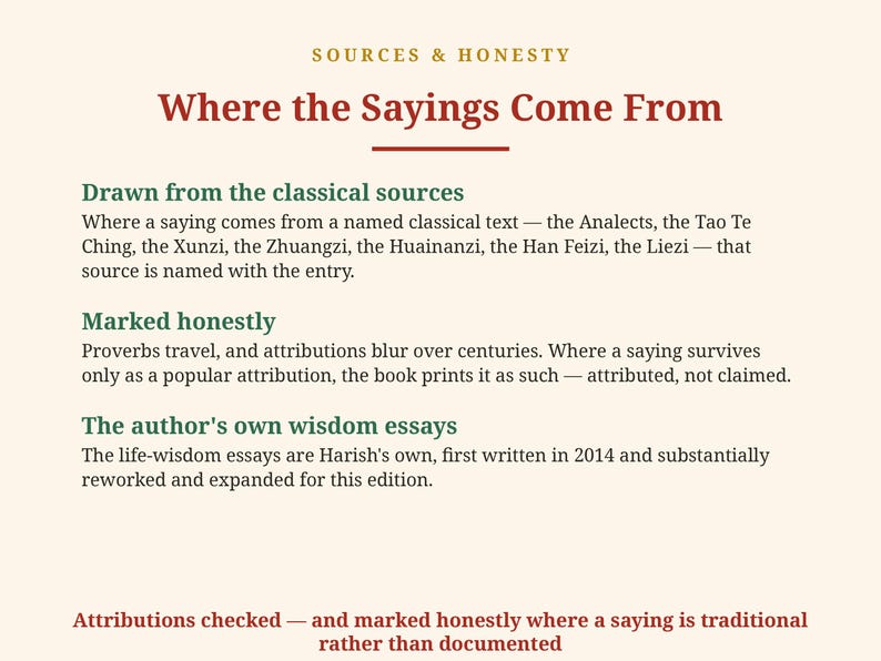 Op de afbeelding: Een pagina getiteld Sources & Honesty: Where the Sayings Come From. Het legt uit dat spreuken afkomstig zijn uit klassieke bronnen zoals de Analecten, Tao Te Ching en anderen, eerlijk gemarkeerd als toegeschreven, en bevat eigen wijsheid-essays.