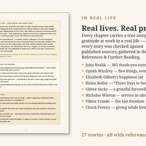May include: A book page featuring the text In Real Life, Real lives. Real proof., and a list of notable figures including John Kralik, Oprah Winfrey, and Helen Keller. The page includes sections titled In Real Life, Questions to Consider, and Action Tips.
