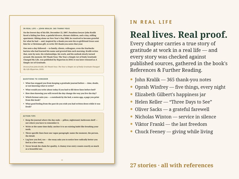 May include: A book page featuring the text In Real Life, Real lives. Real proof., and a list of notable figures including John Kralik, Oprah Winfrey, and Helen Keller. The page includes sections titled In Real Life, Questions to Consider, and Action Tips.