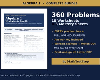 Algebra 1 Worksheets Student Edition | 360 Problems, No Solutions | 18 Worksheets + 3 Mastery Sheets | MathTestPrep