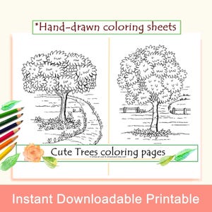 Páginas para colorir de árvores fofas de primavera e verão para amantes de árvores, diversão aconchegante para impressão, relaxamento e concentração. Imprimir carta dos EUA, 8x10, A4 (PDF)