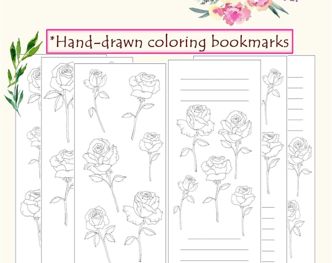 Dainty Roses Coloring Bookmarks Set: DIY Floral Art Craft, Instant Download (PDF)
