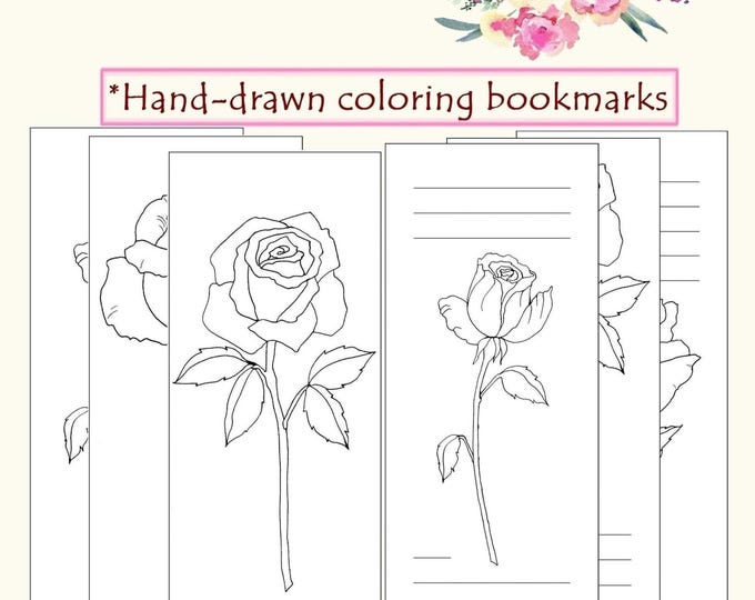 Roses Coloring Bookmarks: Minimalist Floral Design DIY (PDF Downloadable Set, Lined & Unlined)