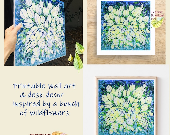 Abstract Wildflowers Acrylic Art Print: Blue and Pale Yellow Spring Floral (Download PDF)