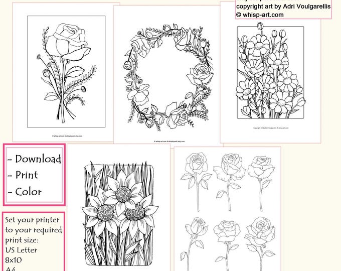 Flowers Coloring Pages Gift Bundle: Roses, Sunflowers, Wildflowers (PDF Download US Letter, A4, 8x10in)