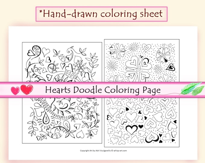 Hearts and Love Doodle Coloring Page: Printable Spring Summer Valentines Craft (PDF Download, US Letter/A4/8x10in)