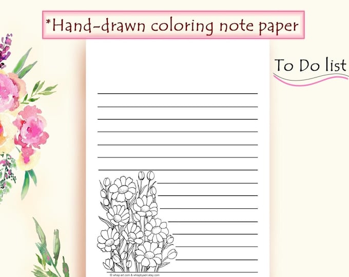 Spring Summer Paper Craft, Wildflower DIY Coloring Note Paper: A5, US Letter, 8x10 (PDF Download)