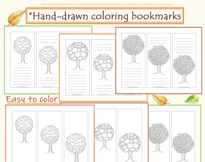 Tree Coloring Bookmarks: Creative DIY Set (PDF Downloadable Coloring Pages, 7x3 inches)
