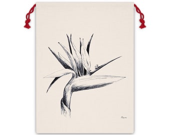Bird of Paradise, Linen Gift Bag with Strelitzia Ink Pen Drawing