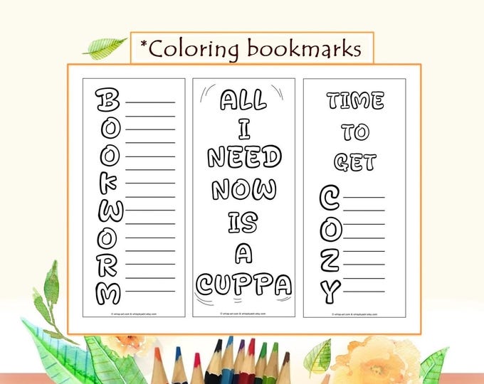 Bookworm Coloring Words Bookmarks Set, DIY Gift for Book Lover, Spring Summer Fall Winter Paper Craft (PDF)
