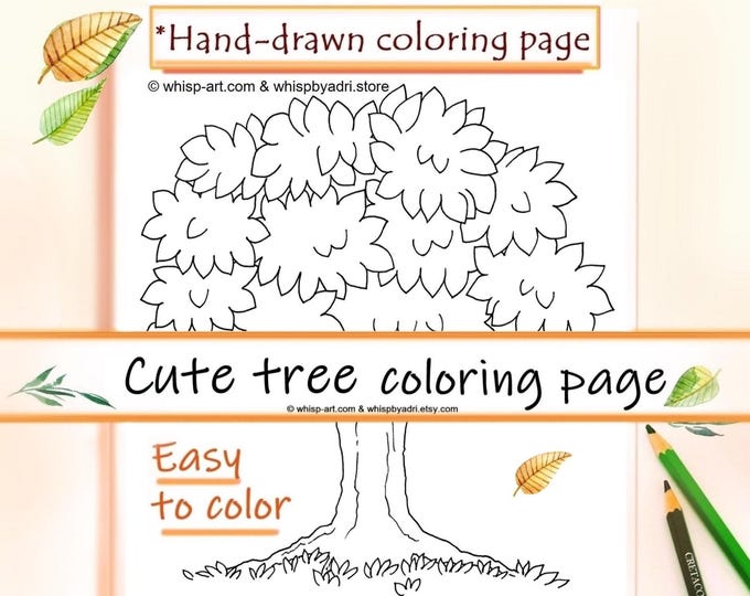 Cute Tree Printable Coloring Page: Easy to Color Or to Trace | Fall Autumn Theme (PDF Download, US Letter, A4)