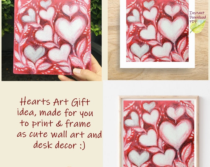 Cute Hearts Painting Desk Decor & Love Wall Art Instant Downloadable Printable Gift Her and Self | Small and medium sizes (PDF)
