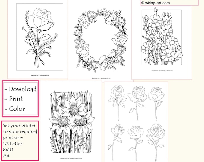 Flowers Coloring Pages Gift Bundle: Roses, Sunflowers, Wildflowers (PDF Download US Letter, A4, 8x10in)