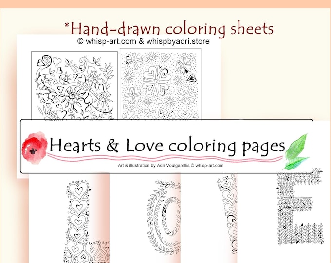 Hearts & Love Coloring Pages: Hand-Drawn Valentine's Day Activity (Printable Set of 5)