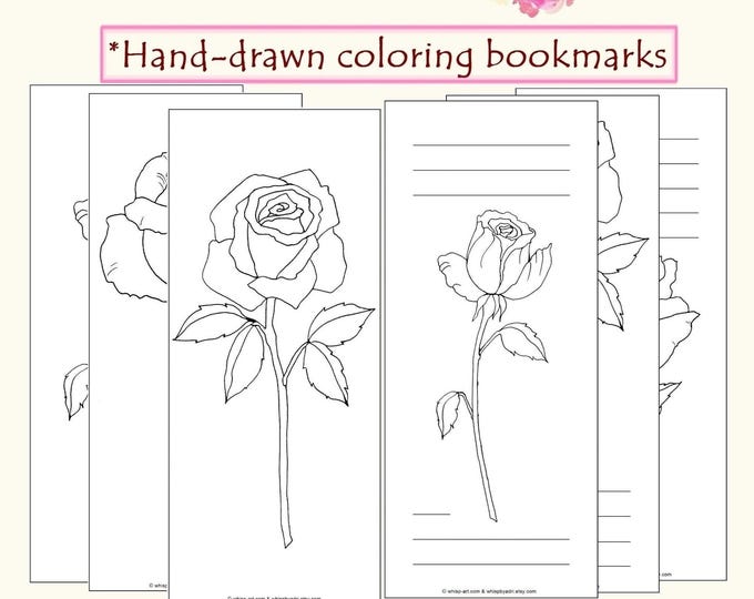 Roses Coloring Bookmarks: Minimalist Floral Design (PDF Downloadable Set, Lined & Unlined)