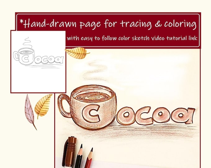 Hot Cocoa Mug Coloring Page & Tutorial: Printable Sketch Outline (US Letter, A4 PDF)