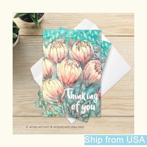 Carte de sympathie avec oeuvres d'art Protea Flowers (États-Unis) 10 x 15 cm, Je pense à vous, lot de 2 | Lot de 4 | Lot de 8 | * Expédition des États-Unis vers les États-Unis + certains pays.