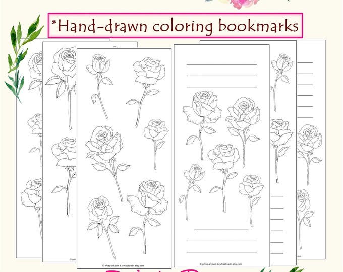Dainty Roses Coloring Bookmarks Set: DIY Floral Art Craft, Instant Download (PDF)