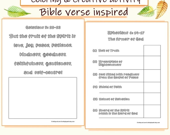 Bible Verse Creative activity Coloring Pages: Galatians 5, Ephesians 6 (PDF)