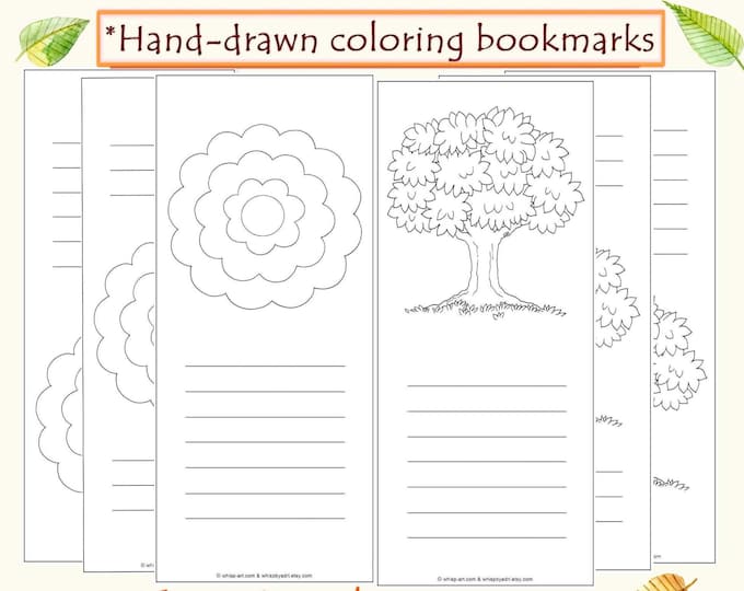 DIY Coloring Bookmarks, Tree & Easy Flower Designs Set (PDF Download, 7x3 inches)