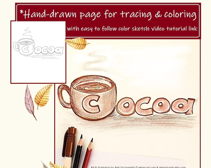 Hot Cocoa Mug Coloring Page & Tutorial: Printable Sketch Outline (US Letter, A4 PDF)