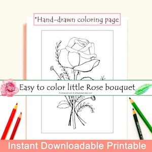 Página para colorear imprimible de un ramo de rosas fácil de colorear para ella. Primavera y verano: creatividad acogedora para adultos. Imprime en tamaño carta, 8x10 y A4 (PDF).