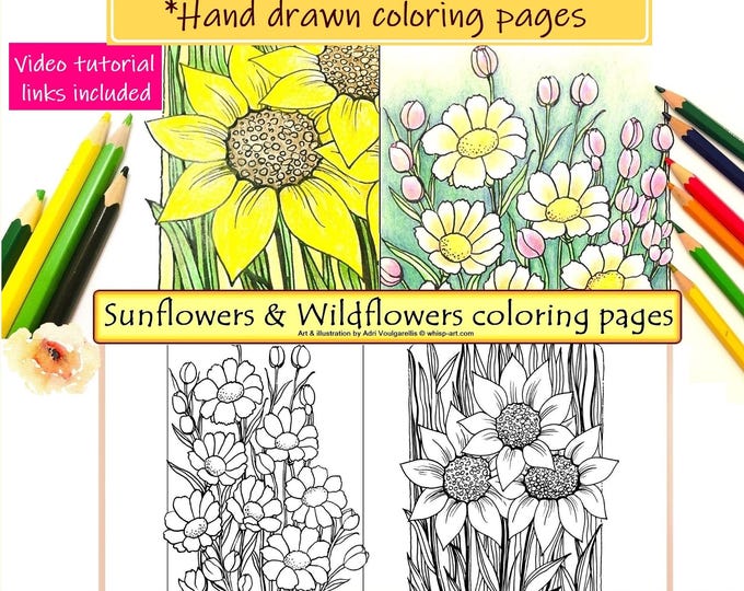 Wildflower, Sunflower Coloring Pages, Printable Nature Art Craft Activity & Tutorial (PDF)