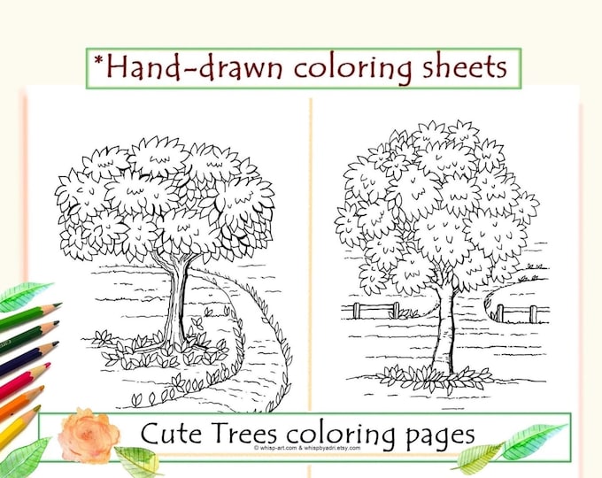 Spring and Summer Cute Tree Coloring Pages for tree lover, cozy printable fun, relaxation and concentration. Print US Letter, 8x10, A4 (PDF)