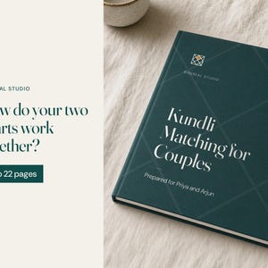 May include: A dark teal hardcover book titled Kundli Matching for Couples, prepared for Priya and Arjun, featuring a geometric line pattern and the Sidereal Studio logo. The text How do your two charts work together? and 18 to 22 pages appear.