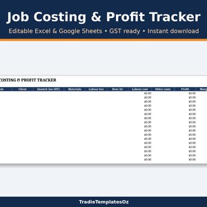 Suivi des coûts et des profits pour les artisans, TVA australienne, tableur de profit et de marge, Excel et Google Sheets
