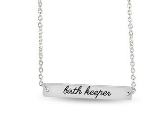 Birth Keeper Bar Necklace, Horizontal Engraved Bar, Birthkeeper Jewelry, Holistic Birth Worker Gift, Christmas Gift for Birth Keeper