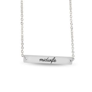 May include: A silver-toned bar necklace featuring a delicate chain and a horizontal rectangular pendant. The pendant is engraved with the word midwife in a black cursive script font, centered on the smooth, polished metallic surface.