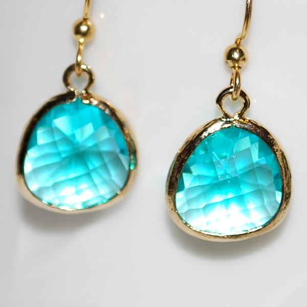 Aqua blue gem earrings with gold ear wires, aqua earrings, bridesmaid gift, drop earrings, gift