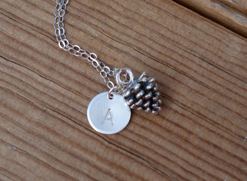 gift baby pinecone necklace initial necklace Sterling silver pinecone necklace silver pinecone and initial necklace