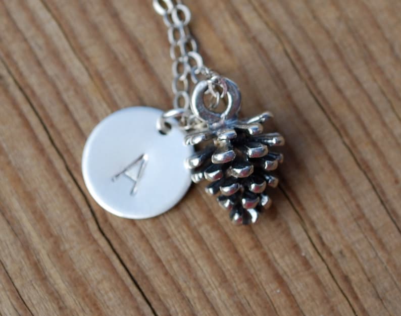 gift baby pinecone necklace initial necklace Sterling silver pinecone necklace silver pinecone and initial necklace