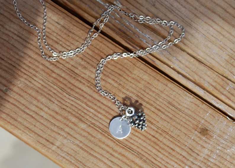 gift baby pinecone necklace initial necklace Sterling silver pinecone necklace silver pinecone and initial necklace