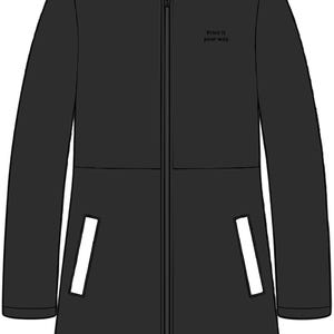 May include: A black long-sleeve jacket with a high collar, a full-length front zipper, and two vertical white-trimmed pockets. The text "Print it your way" is printed in small black letters on the upper left chest area of the jacket.
