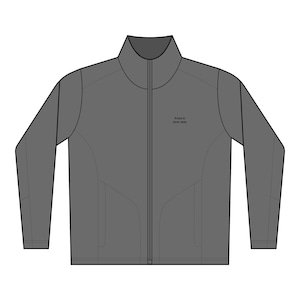 May include: A dark gray long-sleeve zip-up jacket with a high collar and a central zipper closure. The left chest area features the small black text "Print it your way". The garment has structured side panels and long sleeves with fitted cuffs.