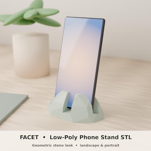 Lågpoly-telefonstativ i STL-format, geometrisk fasetterad telefonhållare, liggande och stående, kabeluttag, 3D-skrivarfil, inga stöd behövs