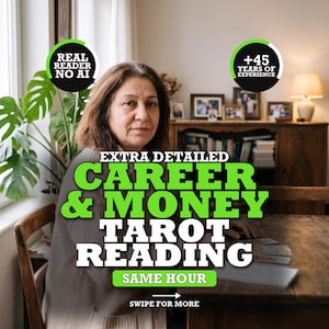 May include: A person sits at a wooden table with tarot cards. Text overlays read: REAL READER NO AI, +45 YEARS OF EXPERIENCE, EXTRA DETAILED CAREER & MONEY TAROT READING, SAME HOUR, and SWIPE FOR MORE. A green plant is visible to the left.