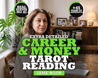 May include: A person sits at a wooden table with tarot cards. Text overlays read: REAL READER NO AI, +45 YEARS OF EXPERIENCE, EXTRA DETAILED CAREER & MONEY TAROT READING, SAME HOUR, and SWIPE FOR MORE. A green plant is visible to the left.