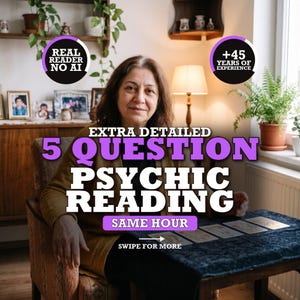 May include: A person sits at a table with tarot cards, featuring text overlays: REAL READER NO AI, +45 YEARS OF EXPERIENCE, EXTRA DETAILED 5 QUESTION PSYCHIC READING, SAME HOUR, and SWIPE FOR MORE. The scene includes a lamp and plants.