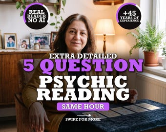 May include: A person sits at a table with tarot cards, featuring text overlays: REAL READER NO AI, +45 YEARS OF EXPERIENCE, EXTRA DETAILED 5 QUESTION PSYCHIC READING, SAME HOUR, and SWIPE FOR MORE. The scene includes a lamp and plants.