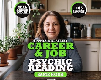 May include: A person sits at a wooden table with text overlays reading: EXTRA DETAILED CAREER & JOB PSYCHIC READING, SAME HOUR, REAL READER NO AI, +45 YEARS OF EXPERIENCE, and SWIPE FOR MORE. The background shows a kitchen with potted plants.