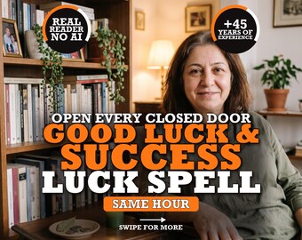 May include: A person sits in front of a bookshelf with text overlays reading: REAL READER NO AI, +45 YEARS OF EXPERIENCE, OPEN EVERY CLOSED DOOR, GOOD LUCK & SUCCESS, LUCK SPELL, SAME HOUR, and SWIPE FOR MORE. A small plate with coins sits on a wooden table.