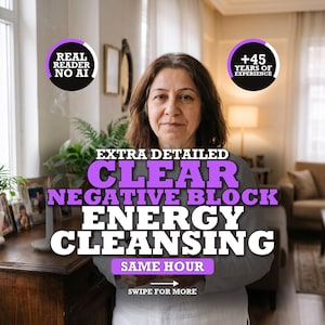May include: A person with shoulder-length brown hair wearing a light-colored shirt. Text overlays read: REAL READER NO AI, +45 YEARS OF EXPERIENCE, EXTRA DETAILED CLEAR NEGATIVE BLOCK ENERGY CLEANSING, SAME HOUR, and SWIPE FOR MORE.