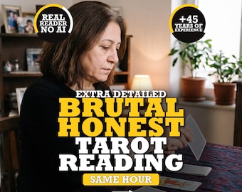 May include: A tarot reading service advertisement featuring text that reads: REAL READER NO AI, +45 YEARS OF EXPERIENCE, EXTRA DETAILED BRUTAL HONEST TAROT READING, SAME HOUR, and SWIPE FOR MORE. The image shows a person handling tarot cards on a table.