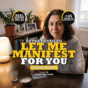 May include: A person sits at a wooden table with a white paper, a small candle, and a bowl of salt. Text overlays read: REAL READER NO AI, +45 YEARS OF EXPERIENCE, EXTRA DETAILED LET ME MANIFEST FOR YOU, SAME HOUR, and SWIPE FOR MORE.