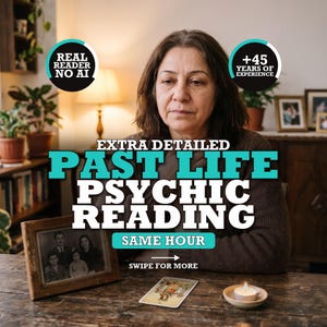 May include: A person sits behind a wooden table with a framed vintage family photograph, a single tarot card, and a small lit candle. Text overlays read: REAL READER NO AI, +45 YEARS OF EXPERIENCE, EXTRA DETAILED PAST LIFE PSYCHIC READING, SAME HOUR, SWIPE FOR MORE.