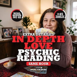 May include: A person holding tarot cards with text overlays reading REAL READER NO AI, +45 YEARS OF EXPERIENCE, EXTRA DETAILED IN DEPTH LOVE PSYCHIC READING, SAME HOUR, and SWIPE FOR MORE. A lit candle sits on a red patterned cloth with cards.